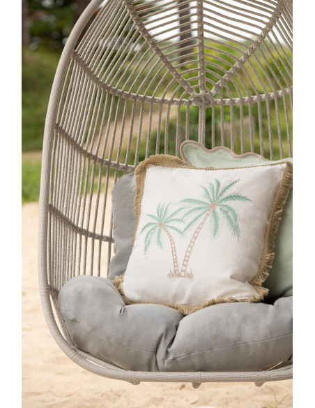 Coussin bord de mer Palmier Carré 45x45 Coton Blanc Turquoise Naturel Avec franges Palmérissa 