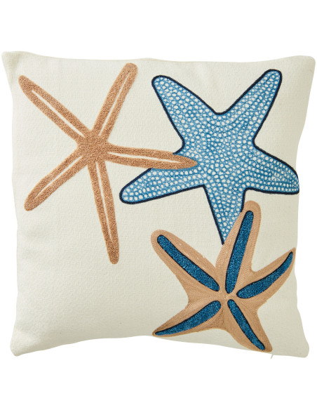 Coussin bord de mer Étoiles de mer Carré 45x45 Coton Blanc Bleu Beige Astrelia 