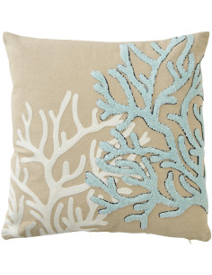 Coussin bord de mer Corail Carré 45x45 Coton Beige Blanc Bleu Coralyne 