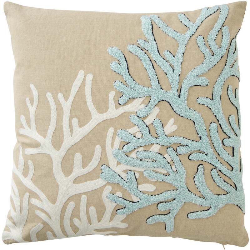 Coussin bord de mer Corail Carré 45x45 Coton Beige Blanc Bleu Coralyne 