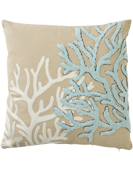 Coussin bord de mer Corail Carré 45x45 Coton Beige Blanc Bleu Coralyne 