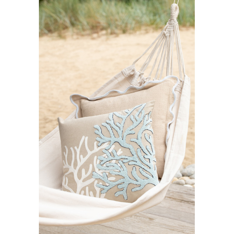 Coussin bord de mer Corail Carré 45x45 Coton Beige Blanc Bleu Coralyne 