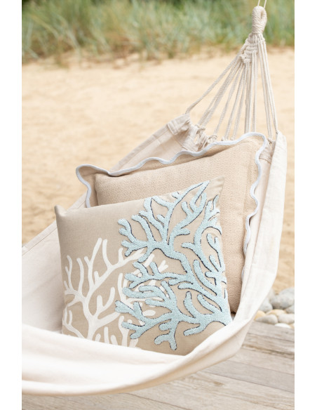 Coussin bord de mer Corail Carré 45x45 Coton Beige Blanc Bleu Coralyne 