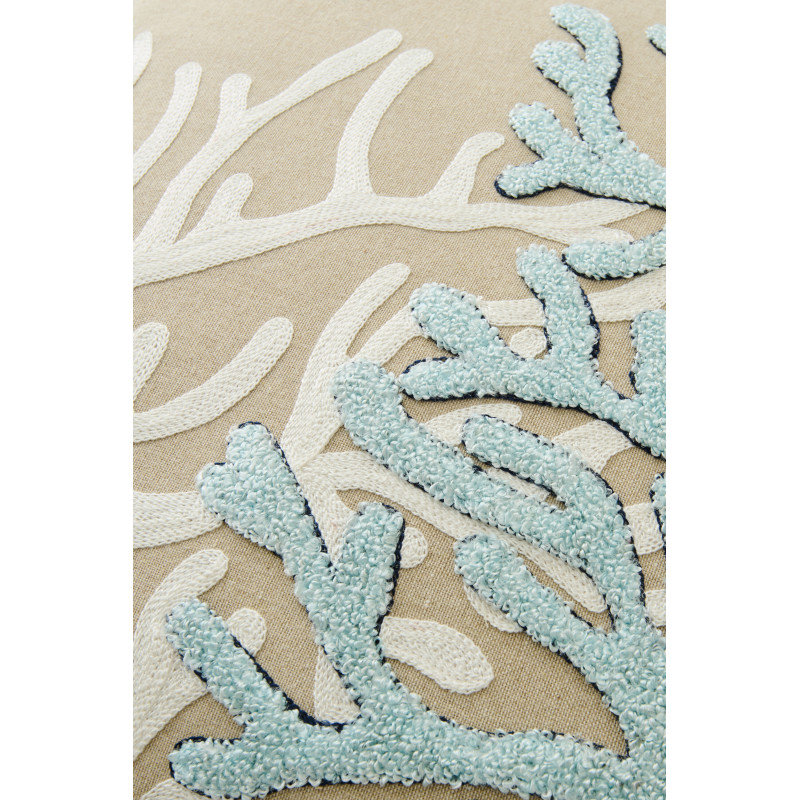 Coussin bord de mer Corail Carré 45x45 Coton Beige Blanc Bleu Coralyne 
