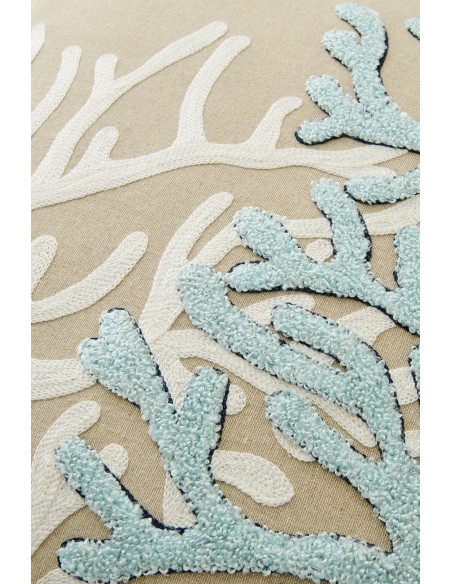 Coussin bord de mer Corail Carré 45x45 Coton Beige Blanc Bleu Coralyne 
