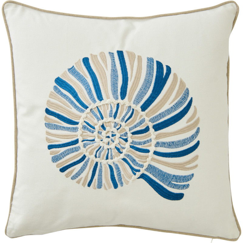 Coussin bord de mer Coquillage Carré 45x45 Coton Blanc Bleu Calymerata 