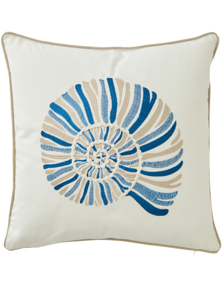 Coussin bord de mer Coquillage Carré 45x45 Coton Blanc Bleu Calymerata 