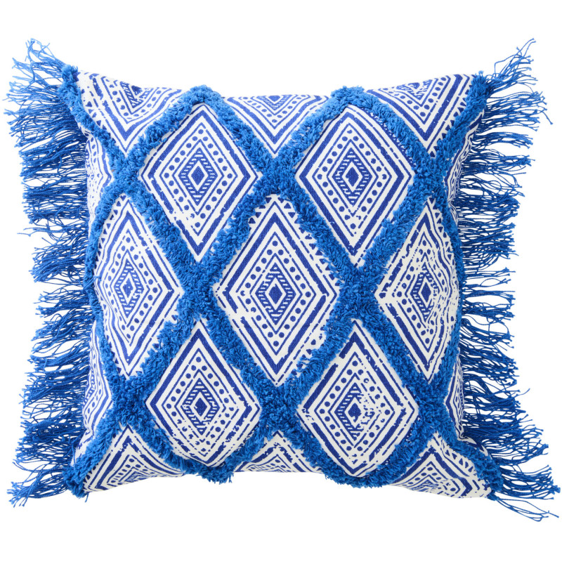 Coussin bohème chic Carré 45x45 Coton Bleu Blanc Avec franges Motif oriental Azulina 