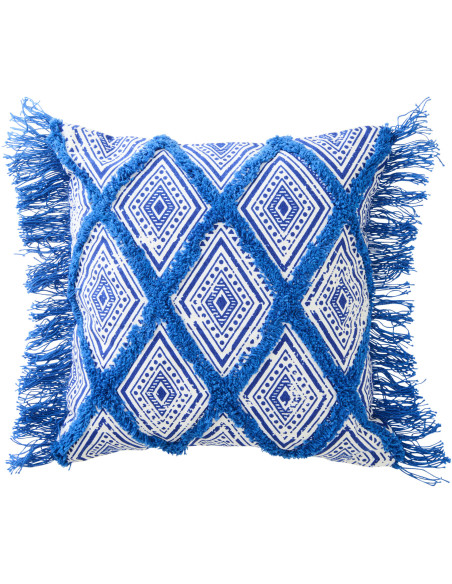 Coussin bohème chic Carré 45x45 Coton Bleu Blanc Avec franges Motif oriental Azulina 