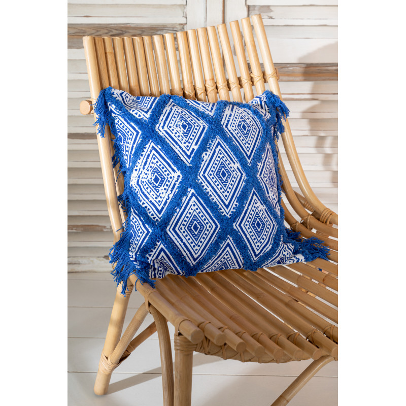 Coussin bohème chic Carré 45x45 Coton Bleu Blanc Avec franges Motif oriental Azulina 