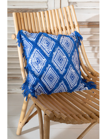 Coussin bohème chic Carré 45x45 Coton Bleu Blanc Avec franges Motif oriental Azulina 