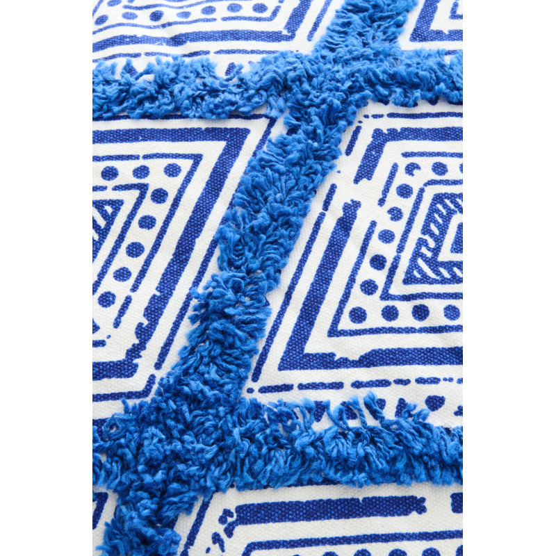 Coussin bohème chic Carré 45x45 Coton Bleu Blanc Avec franges Motif oriental Azulina 
