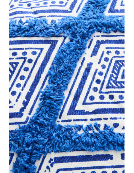 Coussin bohème chic Carré 45x45 Coton Bleu Blanc Avec franges Motif oriental Azulina 