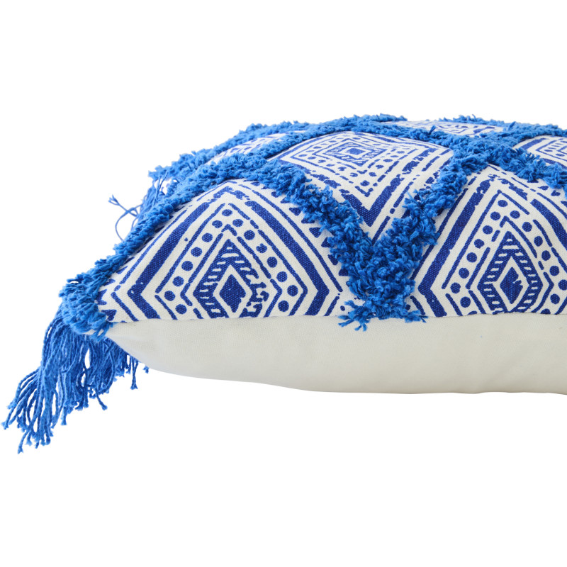 Coussin bohème chic Carré 45x45 Coton Bleu Blanc Avec franges Motif oriental Azulina 