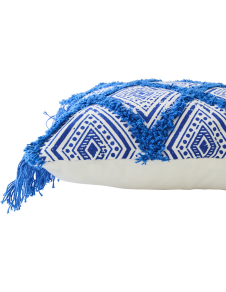 Coussin bohème chic Carré 45x45 Coton Bleu Blanc Avec franges Motif oriental Azulina 