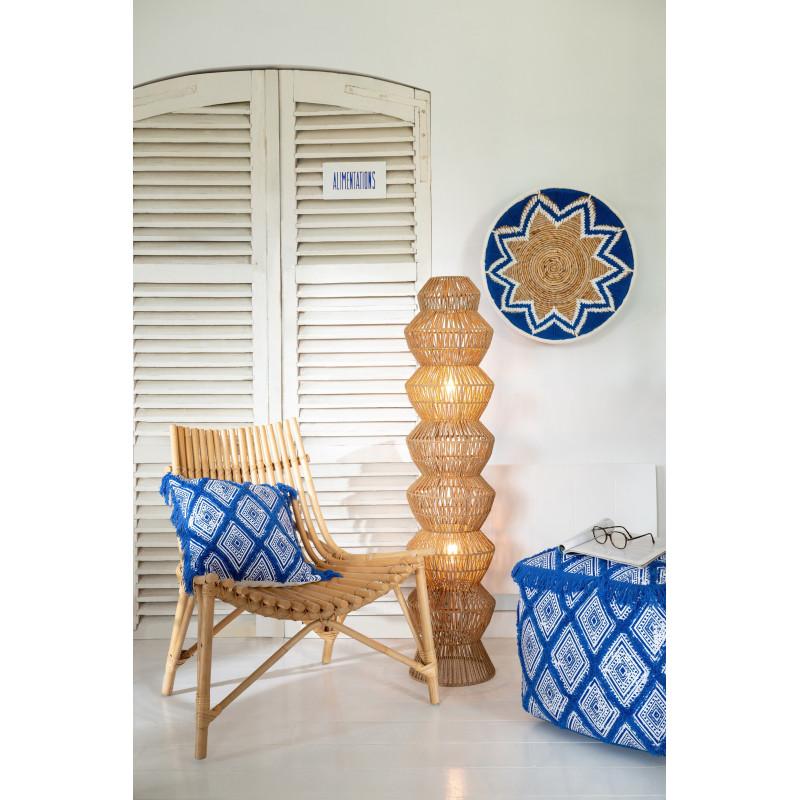 Coussin bohème chic Carré 45x45 Coton Bleu Blanc Avec franges Motif oriental Azulina 