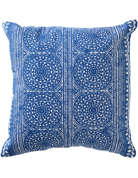 Coussin bohème chic Carré 45 x45 Coton Bleu Blanc Motif mosaïque Azulio 