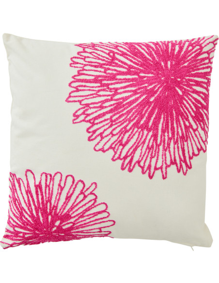 Coussin bohème Carré 45x45 Coton Blanc Rose fuchsia Motif fleurs Naturylaë 