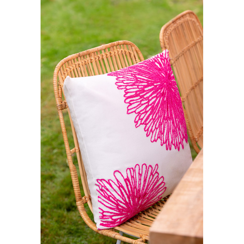 Coussin bohème Carré 45x45 Coton Blanc Rose fuchsia Motif fleurs Naturylaë 