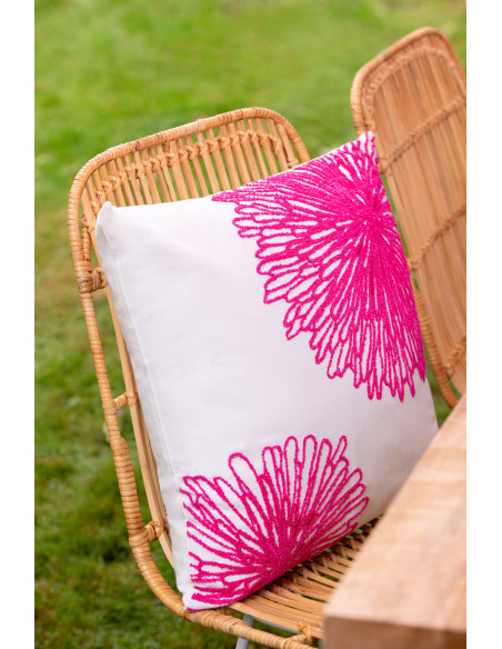 Coussin bohème Carré 45x45 Coton Blanc Rose fuchsia Motif fleurs Naturylaë 