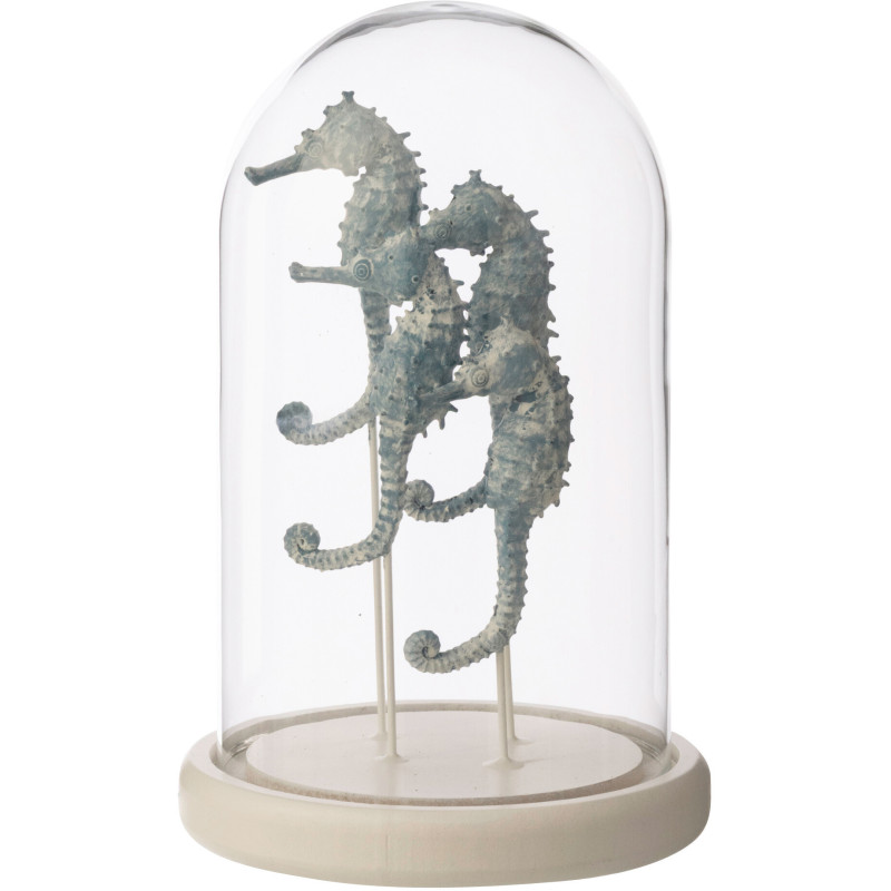 Cloche déco bord de mer Hippocampes H 22 cm Verre Transparent Résine Bleu clair Oceanika 