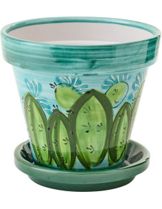 Cache-pot tropical chic avec soucoupe D 27 cm Céramique Vert Turquoise Motif cactus Cactéra 