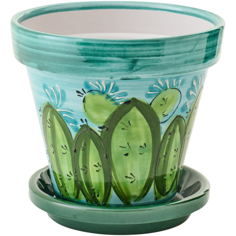 Cache-pot tropical chic avec soucoupe D 27 cm Céramique Vert Turquoise Motif cactus Cactéra 