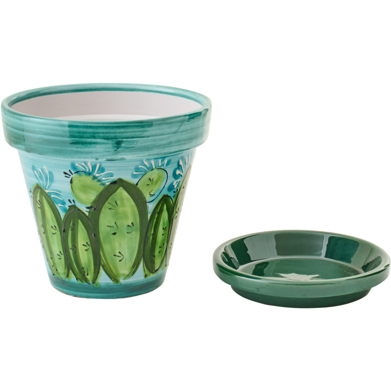 Cache-pot tropical chic avec soucoupe D 27 cm Céramique Vert Turquoise Motif cactus Cactéra 