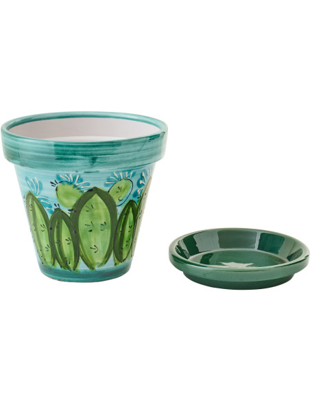 Cache-pot tropical chic avec soucoupe D 27 cm Céramique Vert Turquoise Motif cactus Cactéra 