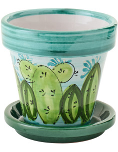 Cache-pot tropical chic avec soucoupe D 21 cm Céramique Vert Turquoise Motif cactus Cactéra 