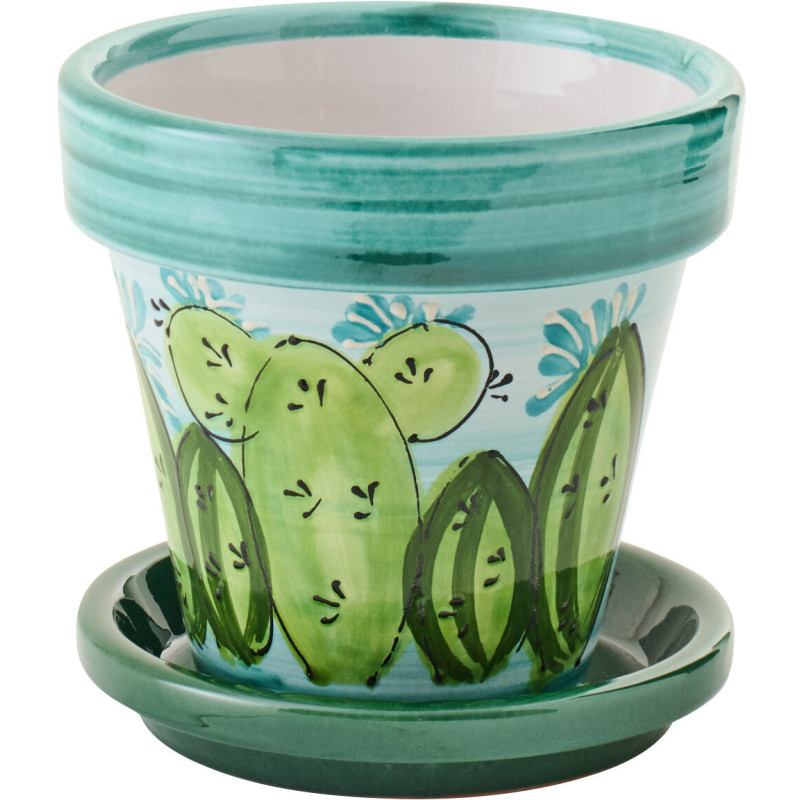 Cache-pot tropical chic avec soucoupe D 21 cm Céramique Vert Turquoise Motif cactus Cactéra 