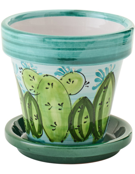 Cache-pot tropical chic avec soucoupe D 21 cm Céramique Vert Turquoise Motif cactus Cactéra 
