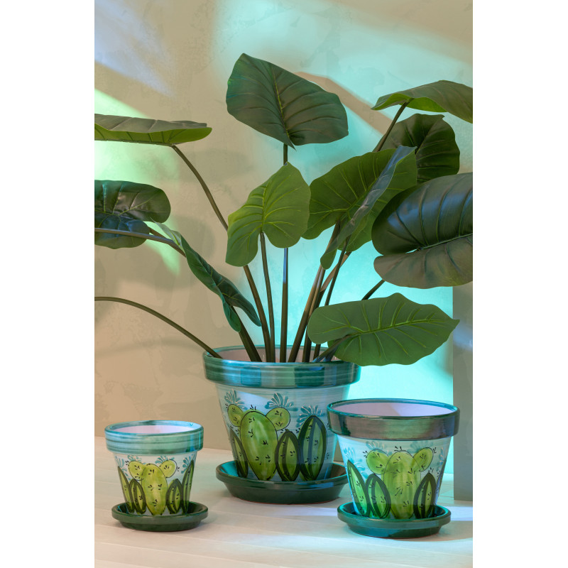 Cache-pot tropical chic avec soucoupe D 21 cm Céramique Vert Turquoise Motif cactus Cactéra 