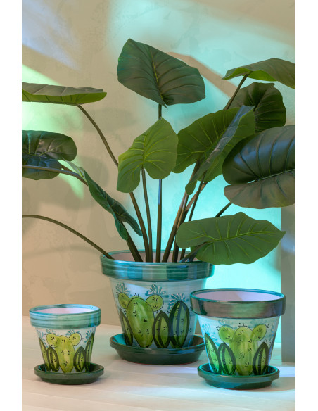 Cache-pot tropical chic avec soucoupe D 21 cm Céramique Vert Turquoise Motif cactus Cactéra 
