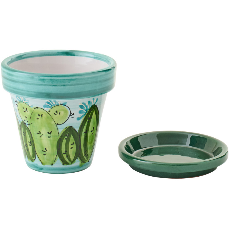 Cache-pot tropical chic avec soucoupe D 21 cm Céramique Vert Turquoise Motif cactus Cactéra 