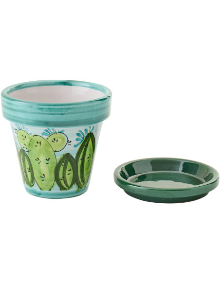 Cache-pot tropical chic avec soucoupe D 21 cm Céramique Vert Turquoise Motif cactus Cactéra 