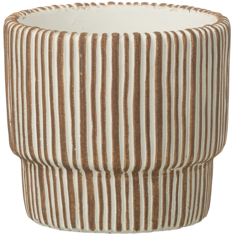 Cache-pot extérieur ethnique chic Rond D 14 cm Ciment Marron Blanc Motif lignes Cannelia 