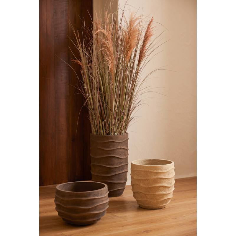 Cache-pot extérieur design Vagues Rond D 24 cm Ciment Fibre Beige Stratona 