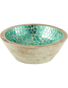 Bol style style méditerranéen Rond 15 cm Bois de manguier Naturel Turquoise Mosaïque Kalanka 