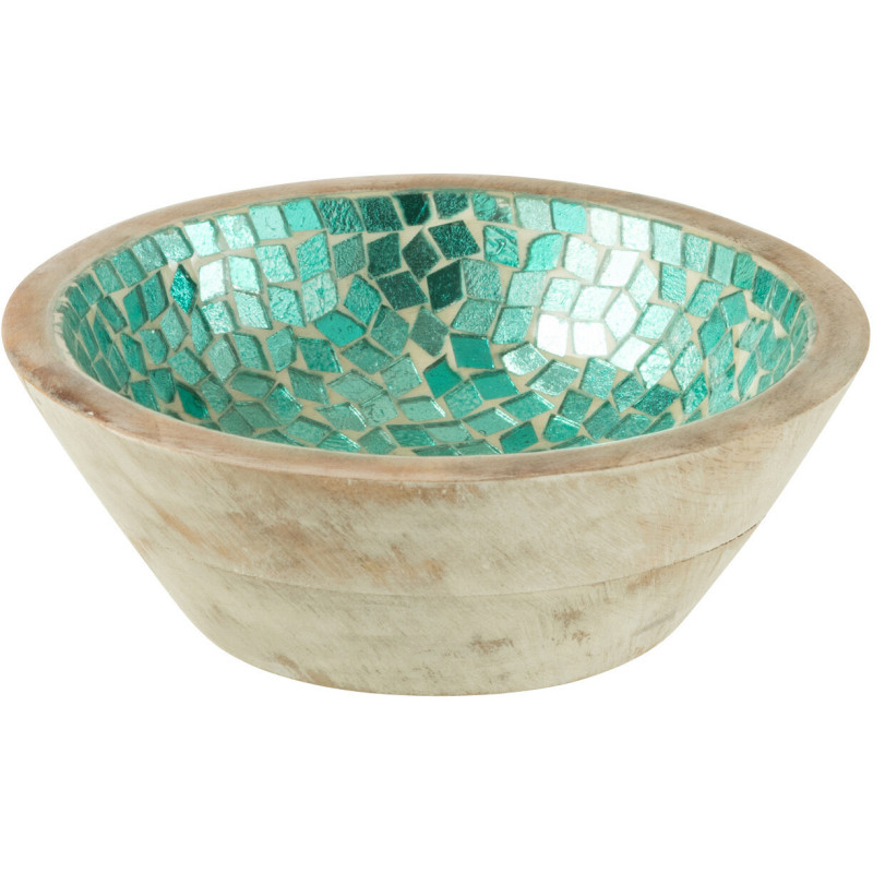 Bol style style méditerranéen Rond 15 cm Bois de manguier Naturel Turquoise Mosaïque Kalanka 