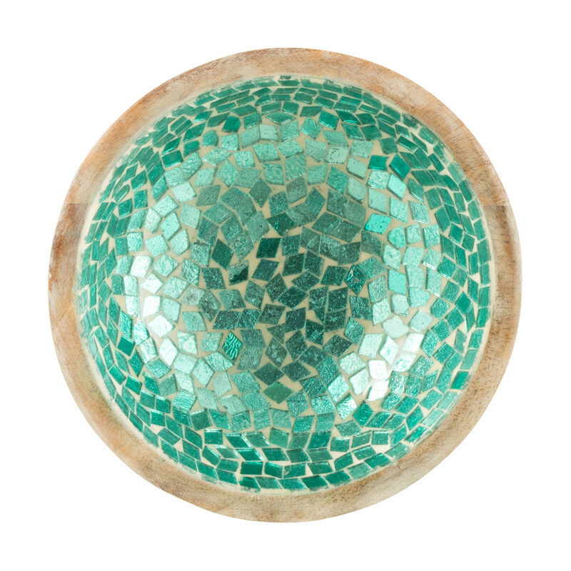 Bol style style méditerranéen Rond 15 cm Bois de manguier Naturel Turquoise Mosaïque Kalanka 