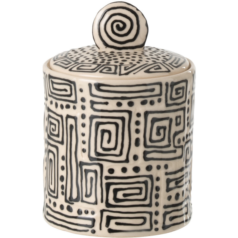 Boite déco ethnique chic avec couvercle 12 cm Céramique Blanc cassé Noir Labyria 