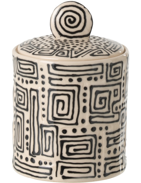 Boite déco ethnique chic avec couvercle 12 cm Céramique Blanc cassé Noir Labyria 