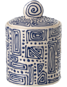 Boite déco ethnique chic avec couvercle 12 cm Céramique Blanc cassé Bleu foncé Labyria 
