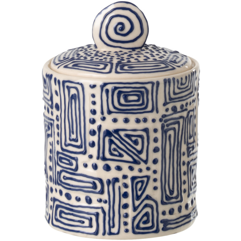 Boite déco ethnique chic avec couvercle 12 cm Céramique Blanc cassé Bleu foncé Labyria 