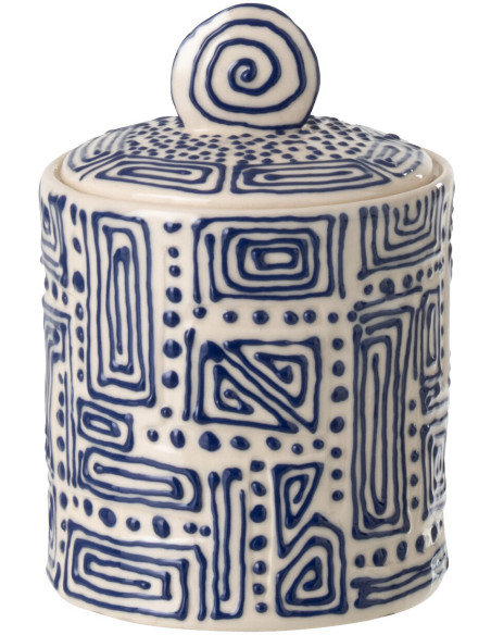 Boite déco ethnique chic avec couvercle 12 cm Céramique Blanc cassé Bleu foncé Labyria
