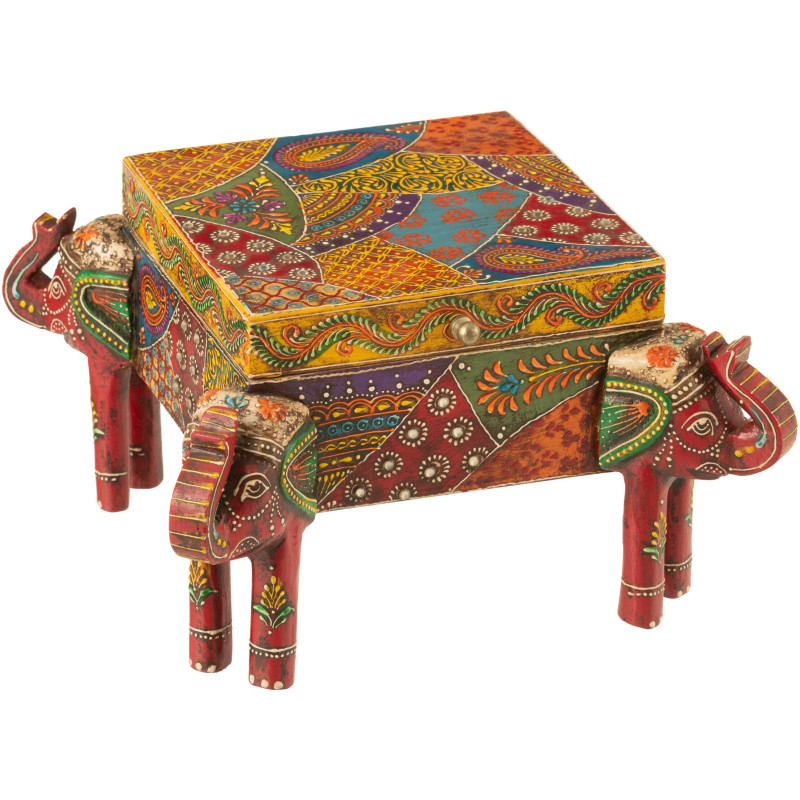 Boite de rangement déco indienne sur pieds Éléphants Carrée 23 cm Bois de manguier Multicolore Delhi 