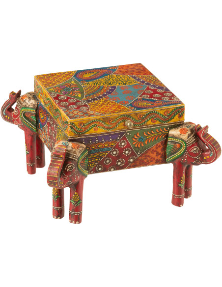 Boite de rangement déco indienne sur pieds Éléphants Carrée 23 cm Bois de manguier Multicolore Delhi 