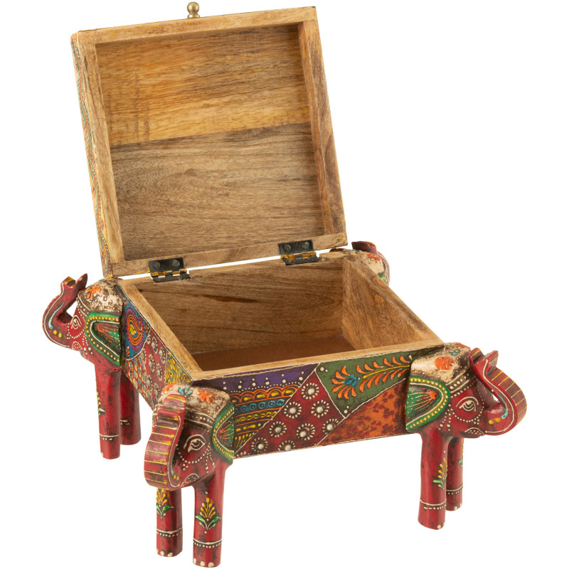 Boite de rangement déco indienne sur pieds Éléphants Carrée 23 cm Bois de manguier Multicolore Delhi 