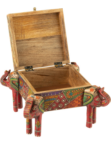 Boite de rangement déco indienne sur pieds Éléphants Carrée 23 cm Bois de manguier Multicolore Delhi 